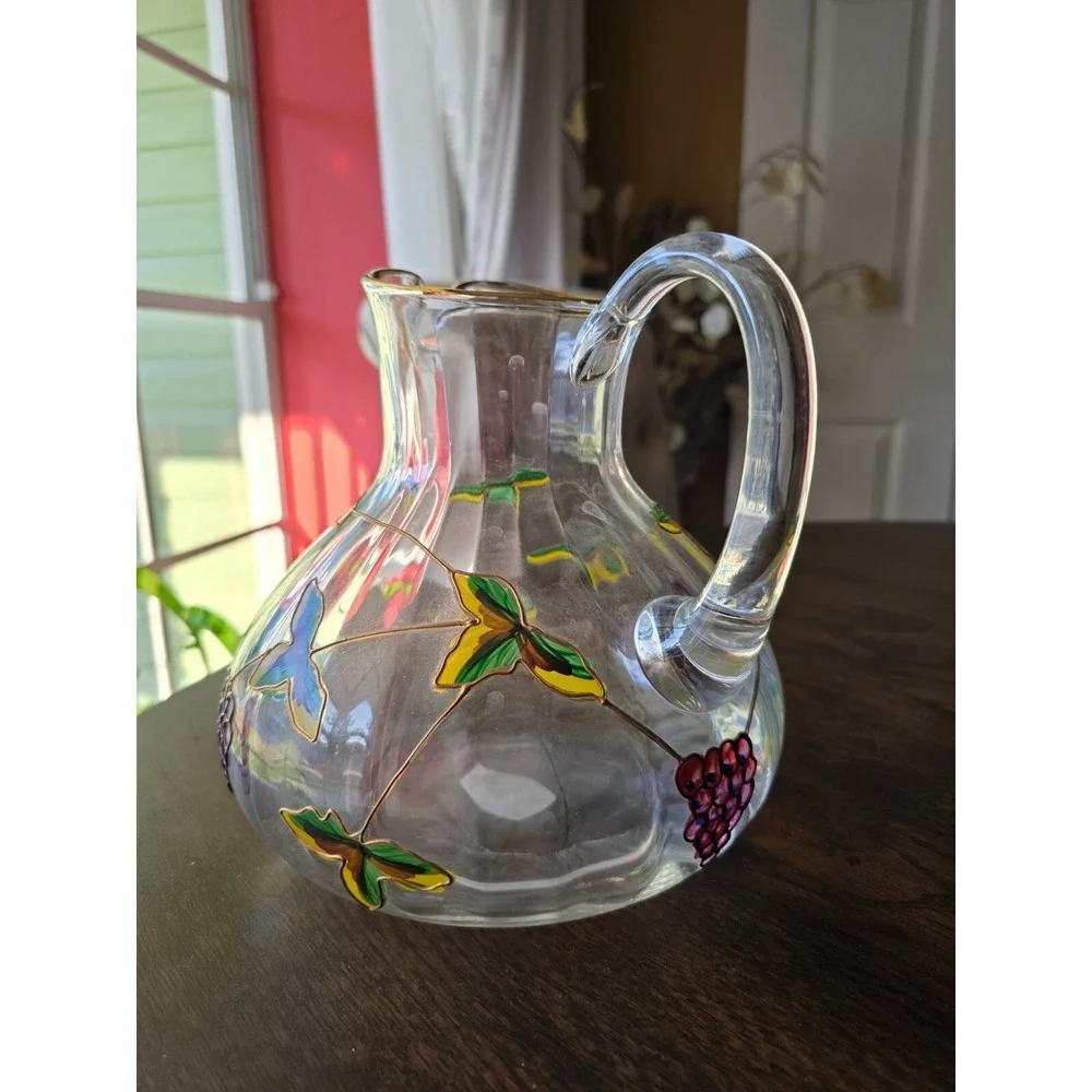 Hand-Painted Glass Pitcher With Grapes & Leaves Design made in Romania